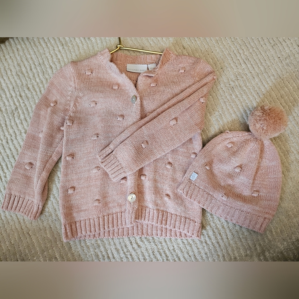 Elegant Baby Pink Knit Cardigan with Matching Beanie